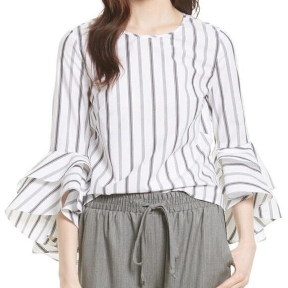 Milly White & Gray Gabby Stripe Long Sleeve Blouse 8 - Picture 1 of 7